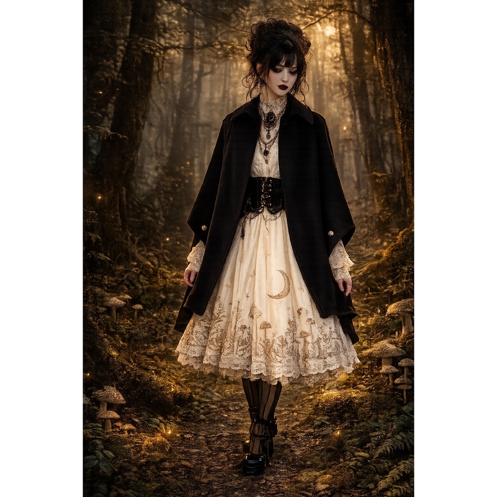 Modena Black Cape Coat Gold Floral Button Side Chain Gothic Dark Academia OS NWT